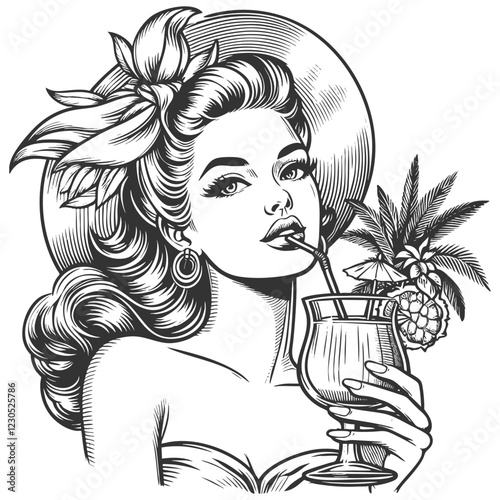 Tropical Woman Enjoying Cocktail engraving vector