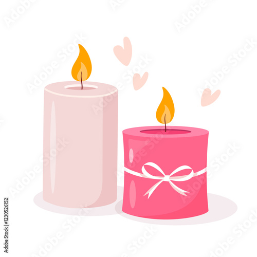 Vector cozy flaming candles in pink colors with flying hearts  isolated on white background.	
