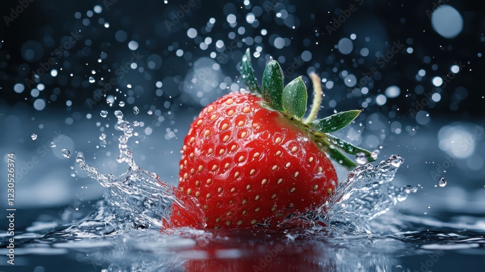 A magnificent splash of a strawberry into water, creating stunning droplets, symbolizing freshness, joy, and vitality, perfect for any fruit lover's collection. A magnificent splash of a strawberry into water, creating stunning droplets, symbolizing freshness, joy, and vitality, perfect for any fruit lover's collection.