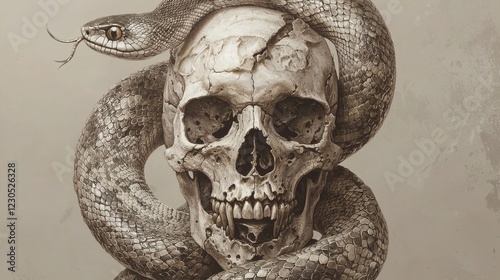 Serpent and Skull: A macabre masterpiece of death and decay, intricate details showcasing the skull and snake's texture. A study in monochrome.