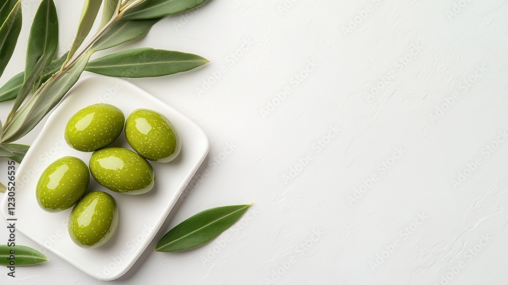 A pleasing arrangement of vibrant green olives presented on a white plate, complemented by olive leaves to enhance the visual appeal and freshness of the scene. A pleasing arrangement of vibrant green olives presented on a white plate, complemented by olive leaves to enhance the visual appeal and freshness of the scene.