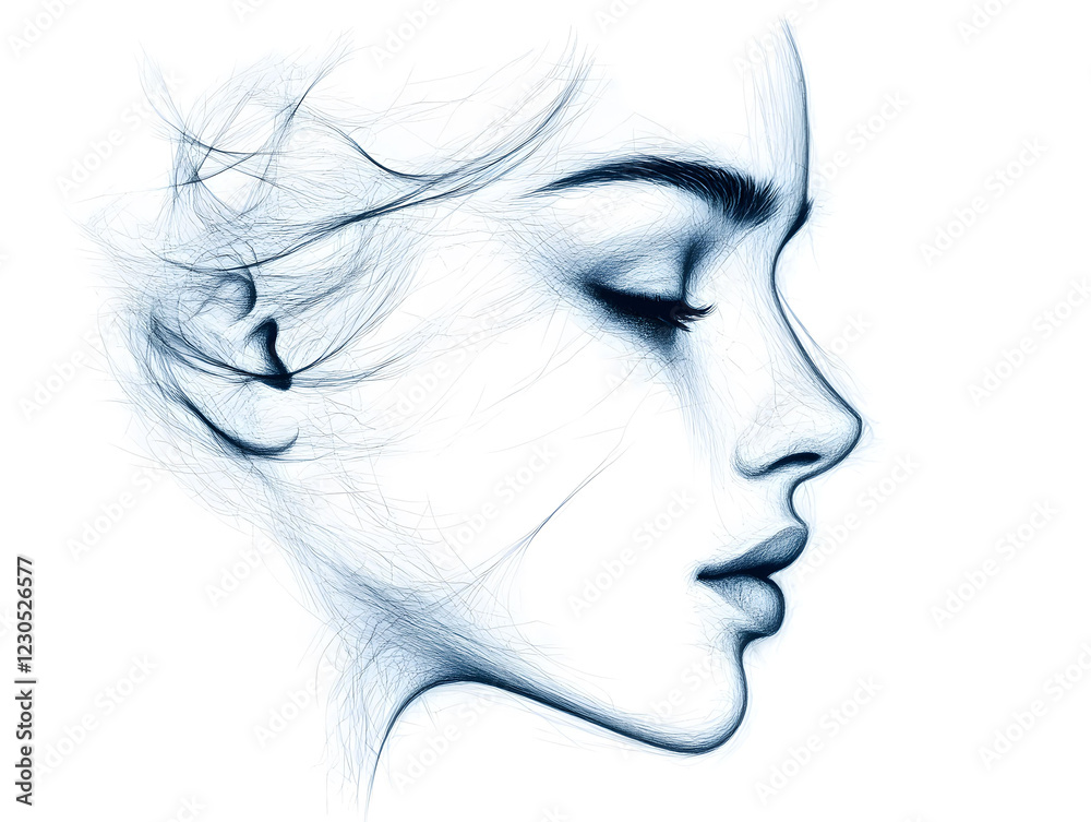 a beautiful woman's face, profile view, sketch drawing style, white background, hair flowing in the wind, soft light on her skin a beautiful woman's face, profile view, sketch drawing style, white background, hair flowing in the wind, soft light on her skin