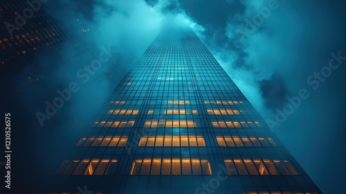 Wallpaper Mural Urban Skyscraper Shrouded in Fog with Illuminated Windows at Night Torontodigital.ca