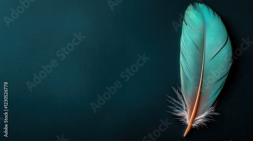 A striking close-up of a vibrant teal feather showcases its radiance and detailed texture, beautifully contrasted against a deep dark background that enhances its natural beauty. photo