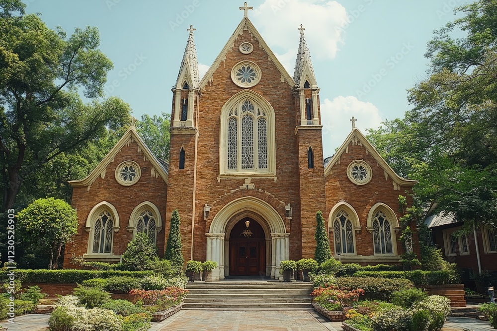 Majestic brick church surrounded by lush greenery in a serene neighborhood during bright daylight Majestic brick church surrounded by lush greenery in a serene neighborhood during bright daylight