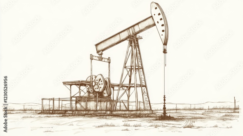 Sepia drawing of an oil pump jack in a field.