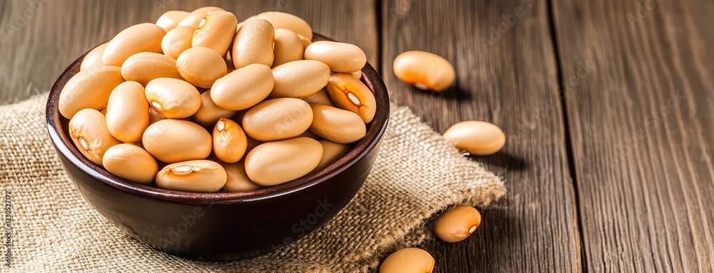 A rustic bowl filled with white beans sits on burlap fabric, creating a simple yet elegant presentation against a wooden backdrop. A rustic bowl filled with white beans sits on burlap fabric, creating a simple yet elegant presentation against a wooden backdrop.