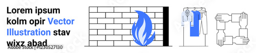 Wall with blue flame, hanging laundry on rack, handshake symbol with interconnected arms, and sample text. Ideal for safety, household chores, collaboration, teamwork, organization agreements