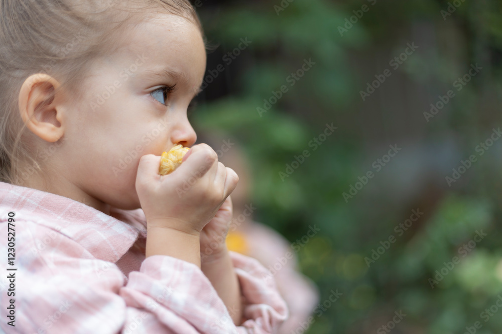 Portrait of young pretty girl eating corn over green nature background copy space Portrait of young pretty girl eating corn over green nature background copy space