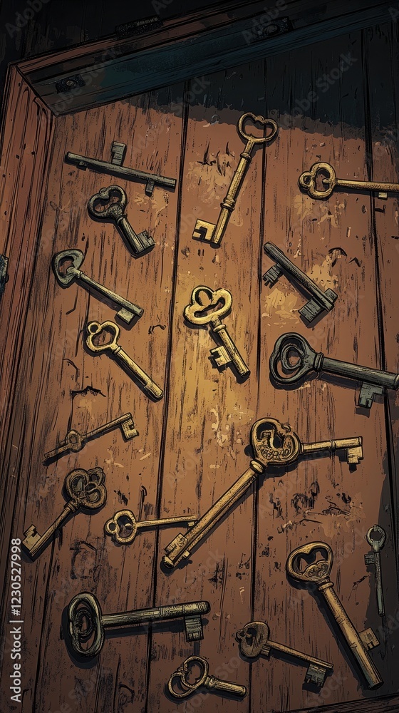 Antique Keys Scattered on a Wooden Surface Antique Keys Scattered on a Wooden Surface