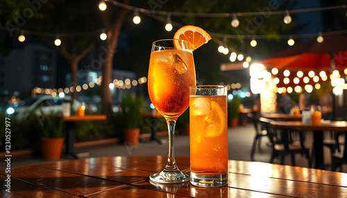 Aperol Spritz cocktail on restaurant table outside, summer night , with white tonespng photo