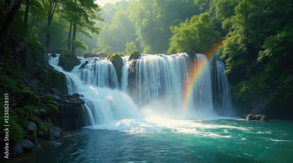 Fototapeta premium A stunning waterfall plunges into a turquoise pool, framed by vibrant green trees. Sunlight filters through the foliage, casting a rainbow in the mist