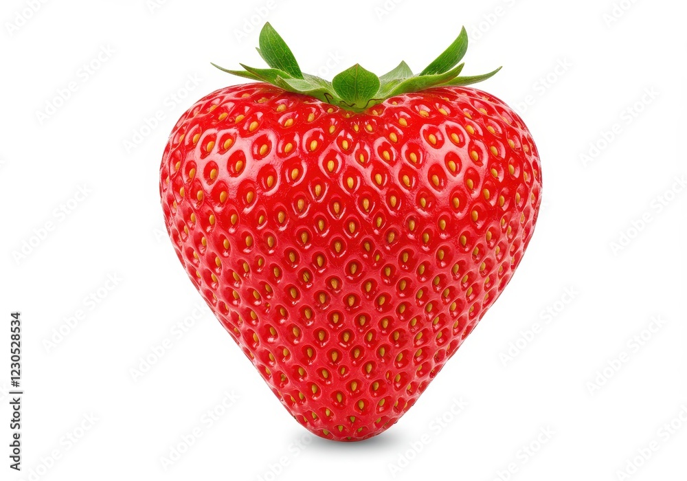A ripe heart-shaped strawberry with vibrant red skin and small yellow seeds isolated on a white background A ripe heart-shaped strawberry with vibrant red skin and small yellow seeds isolated on a white background
