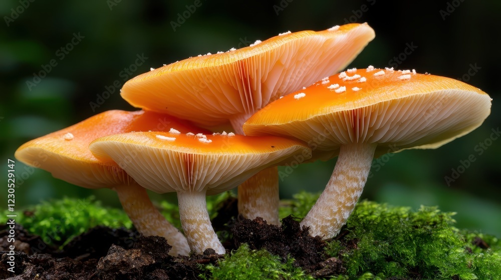 Close-up of beautiful orange mushrooms showcasing their intricate gills and textures, set against a lovely green mossy background in the forest. Close-up of beautiful orange mushrooms showcasing their intricate gills and textures, set against a lovely green mossy background in the forest.