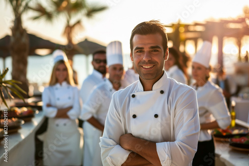 Ibiza professional service staff, salesperson and cook in modern restaurant.