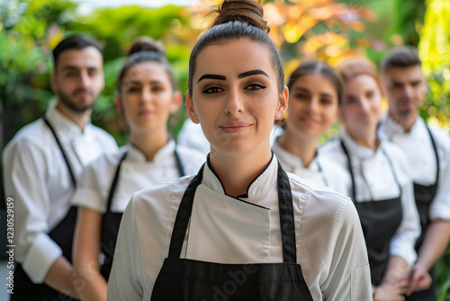 Marche, Italy professional service staff, salesperson and cook in modern restaurant.