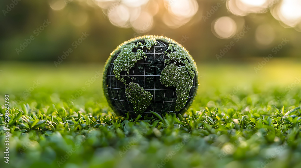 Fototapeta premium tree growing in the center of green grass, with soil visible at its base and a lush background of trees, symbolizing growth or environmental protection
