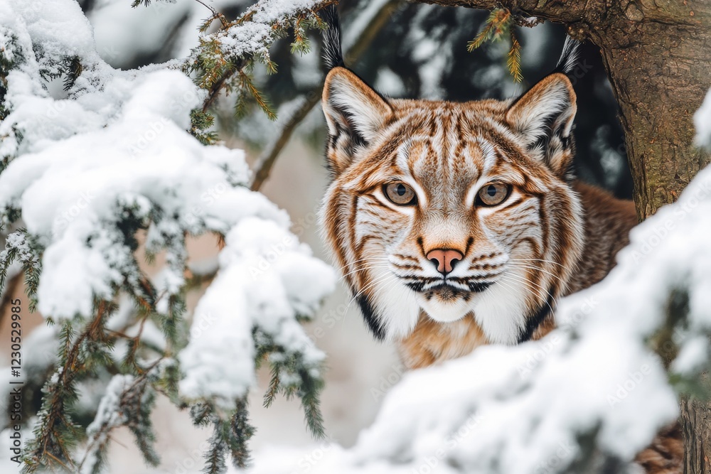 Fototapeta premium A lynx emerges from behind a snow-covered tree, fixing its piercing gaze towards the camera. The winter landscape is adorned with white snow, enhancing the lynx's striking appearance