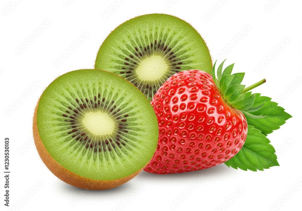 A halved green kiwi with two fresh shiny red strawberries with green leaves isolated on a white background A halved green kiwi with two fresh shiny red strawberries with green leaves isolated on a white background