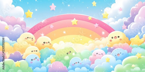 Pastel Rainbow Cloudscape With Cute Cartoon Characters