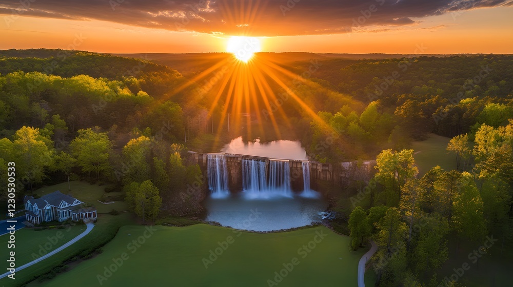 Obraz premium Majestic Waterfall Sunset Aerial View, Serene Nature Landscape
