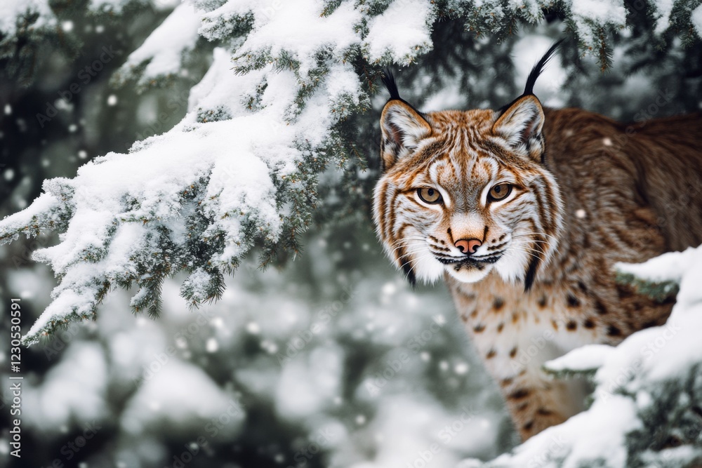 Obraz premium A lynx peeks out from behind a snow-covered tree, its sharp gaze fixed toward the camera. The wintry setting enhances its striking features, showcasing the beauty of nature in winter