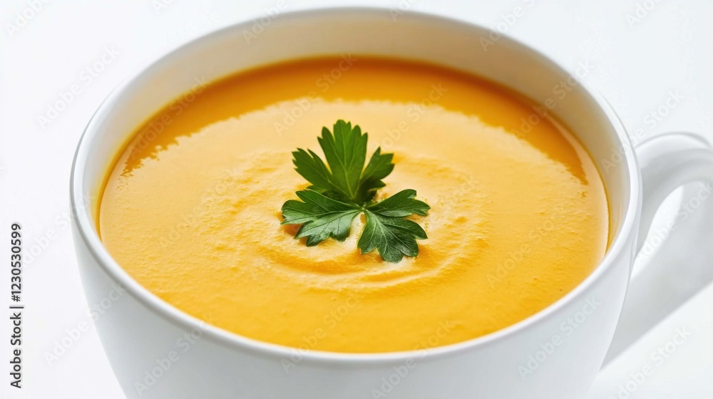 A plain bowl of creamy pumpkin soup, topped with a single parsley leaf, served in a simple white ceramic bowl A plain bowl of creamy pumpkin soup, topped with a single parsley leaf, served in a simple white ceramic bowl