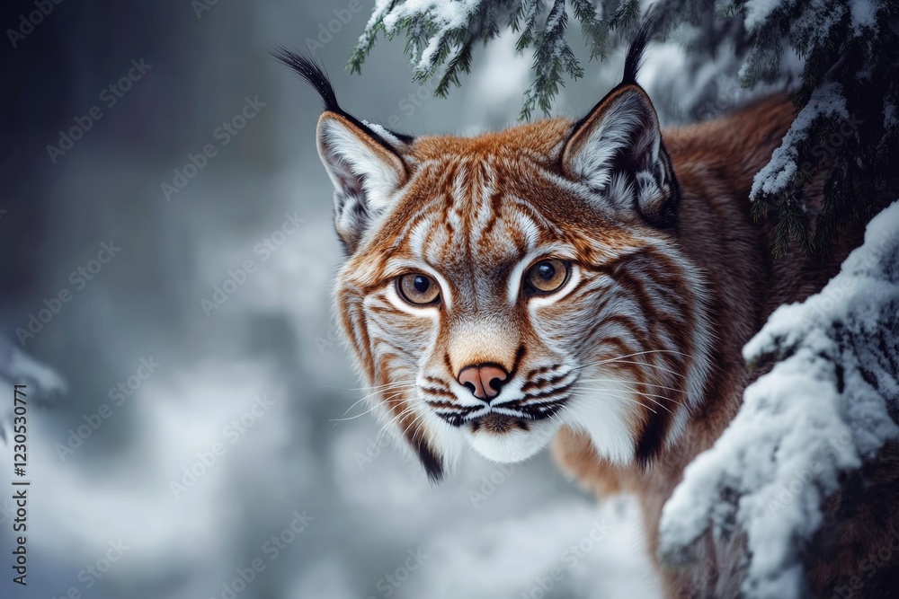 A lynx cautiously steps out from behind a snow-laden tree, fixating its intense gaze toward the camera. Snowflakes gently fall in a serene winter landscape, showcasing the stunning wildcat A lynx cautiously steps out from behind a snow-laden tree, fixating its intense gaze toward the camera. Snowflakes gently fall in a serene winter landscape, showcasing the stunning wildcat