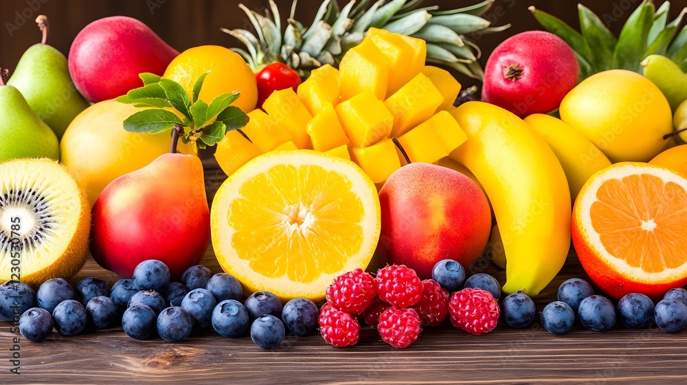 Vibrant Fresh Fruit Still Life Photography Colorful Mangoes Bananas Pears Vibrant Fresh Fruit Still Life Photography Colorful Mangoes Bananas Pears