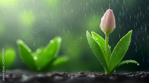 Young green plant sprouting in fresh soil under falling rain, nature growth, sustainability, environment, life cycle, spring season, eco-friendly concept, and agricultural inspiration photo