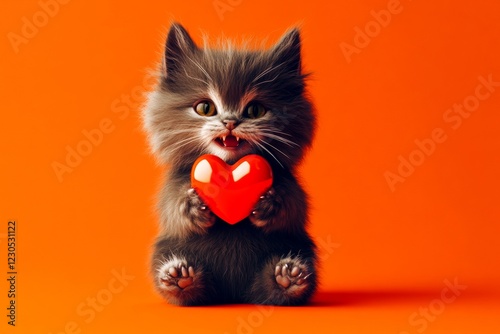 Kurilian bobtail - my desired cat. Marketing idea. Cute kurilian bobtail baby feline with diamond red heart - sign of love, funny greeting card. Heart-shaped kitten photo. Fluffy kitten love. photo