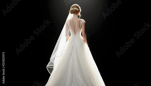 Beautiful bride standing back in her wedding dresss , with white tonespng photo