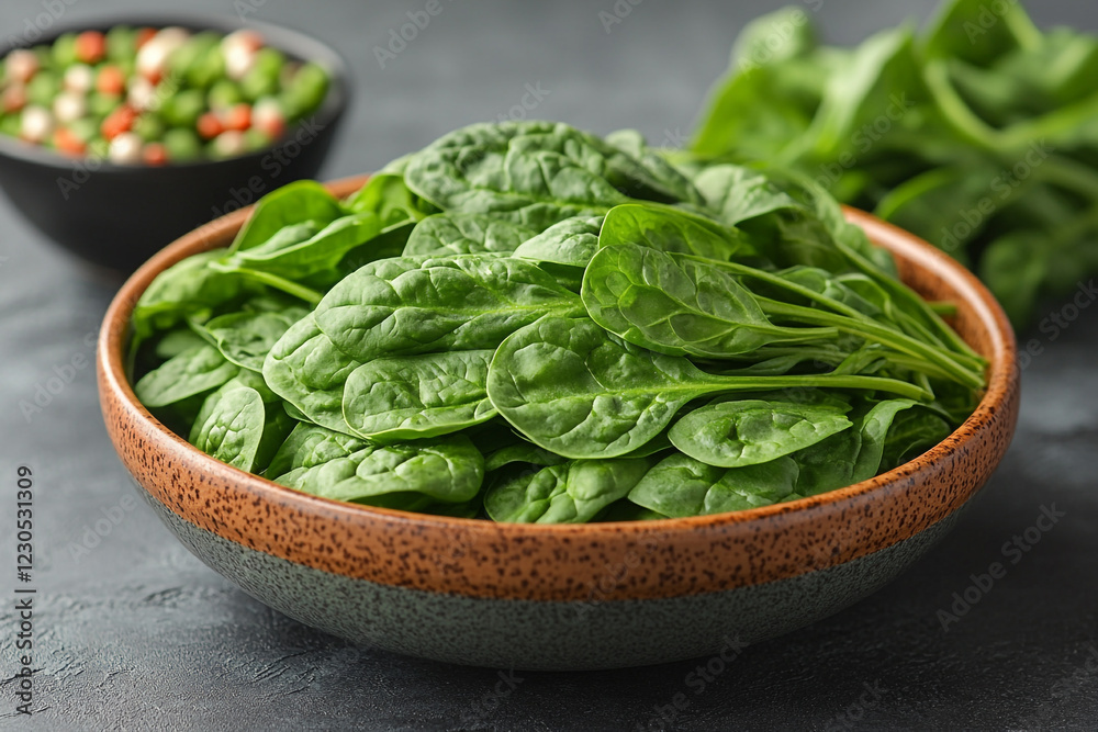 Fresh Spinach Leaves in a Rustic Bowl Fresh Spinach Leaves in a Rustic Bowl