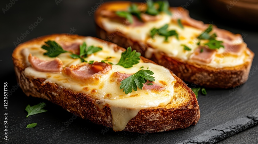 Melty, savory ham and cheese toast highlighted by vibrant parsley, offering a delicious brunch option or snack perfect for sharing and enjoying with loved ones. Melty, savory ham and cheese toast highlighted by vibrant parsley, offering a delicious brunch option or snack perfect for sharing and enjoying with loved ones.