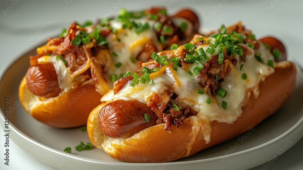 Two gourmet hot dogs piled high with cheese, bacon, and fresh chives create a mouthwatering dish that's perfect for any casual meal or party occasion for food lovers. Two gourmet hot dogs piled high with cheese, bacon, and fresh chives create a mouthwatering dish that's perfect for any casual meal or party occasion for food lovers.