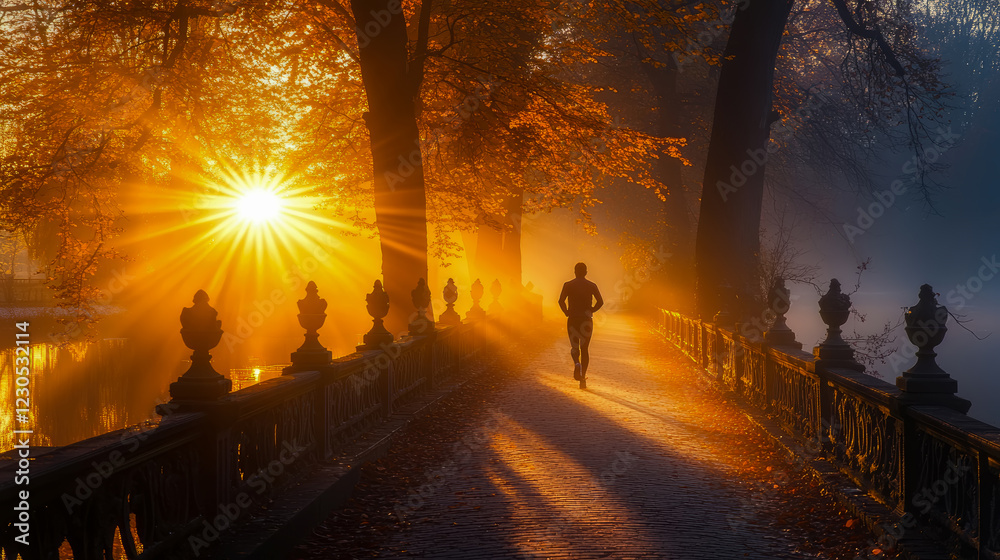 Fototapeta premium Golden Hour Jog: runners silhouette on an autumnal bridge at sunrise