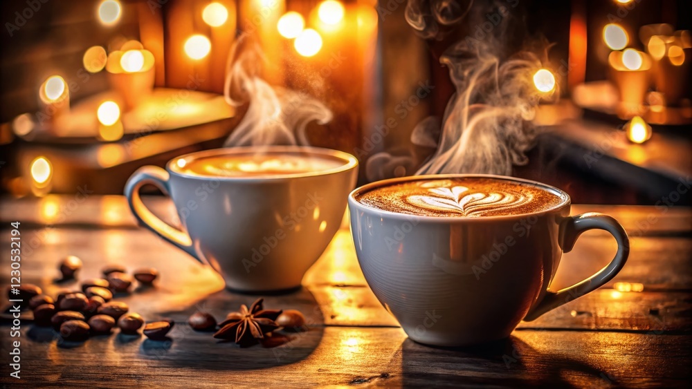 Obraz premium Warm Latte and Cappuccino in Low Light - Cozy Coffee Shop Ambiance