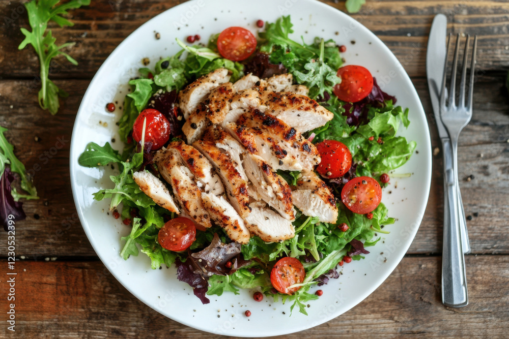 Appetizing summer salad with meat, tomatoes, basil and lettuce, in a white plate, fork and knife nearby, on a wooden table, healthy food concept, weight loss dishes, top view Appetizing summer salad with meat, tomatoes, basil and lettuce, in a white plate, fork and knife nearby, on a wooden table, healthy food concept, weight loss dishes, top view