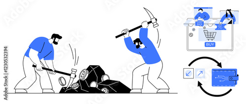 Miners extracting resources with a hammer and pickaxe, screens showing cryptocurrency transactions. Ideal for finance, technology, blockchain, cryptocurrency, digital economy, investments. Line