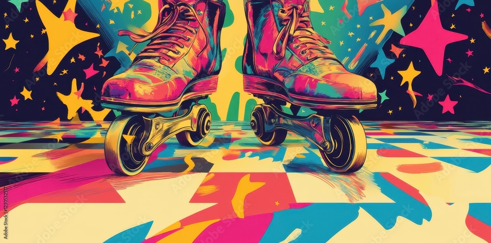 Naklejka premium Colorful Roller Skates on Vibrant Starry Background
