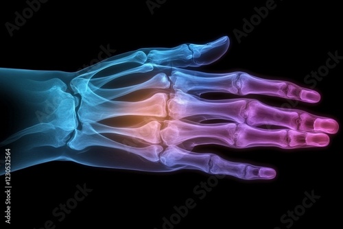 Hand anatomy illustration showcasing detailed bone structure with vibrant color gradient for educational purposes