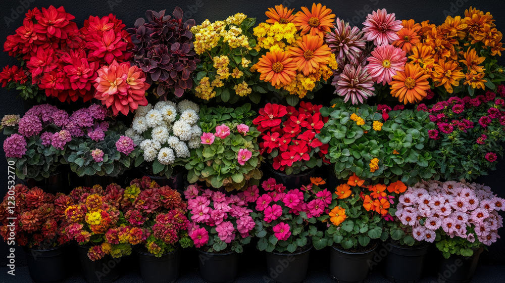 Vibrant Colorful Blooming Flower Collection in Pots Vibrant Colorful Blooming Flower Collection in Pots