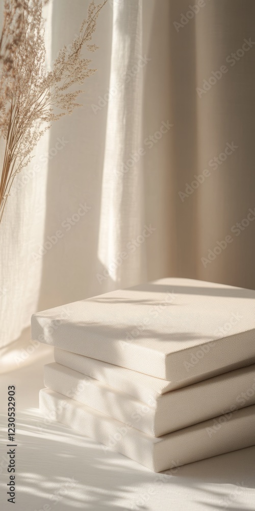 A serene composition of stacked canvases and dried flowers bathed in gentle sunlight, perfect for minimalist and elegant home decor themes.