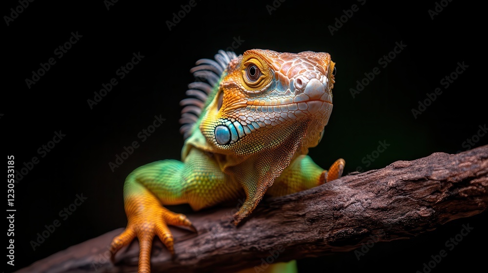 Fototapeta premium A striking iguana perches on a branch, showcasing its vivid colors and unique texture, exemplifying the beauty of wildlife in its natural habitat.