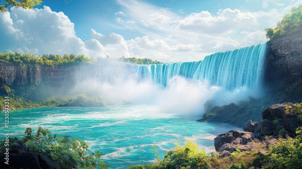 Fototapeta premium Majestic waterfall cascading, sunny day, lush greenery, mist, travel