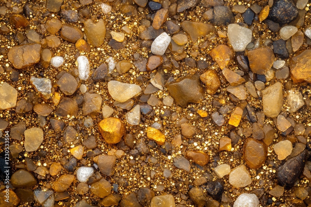 This macro shot highlights the intricate details of tiny gold particles embedded in river sediment, showcasing natural colors and textures under ideal lighting conditions This macro shot highlights the intricate details of tiny gold particles embedded in river sediment, showcasing natural colors and textures under ideal lighting conditions