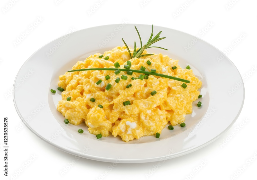 A plate of creamy fluffy scrambled eggs garnished with finely chopped chives and a small rosemary sprig isolated on a white background A plate of creamy fluffy scrambled eggs garnished with finely chopped chives and a small rosemary sprig isolated on a white background