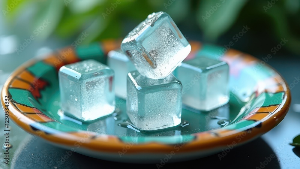 Fresh ice cubes melting on a colorful plate with natural sunlight and shadows Fresh ice cubes melting on a colorful plate with natural sunlight and shadows