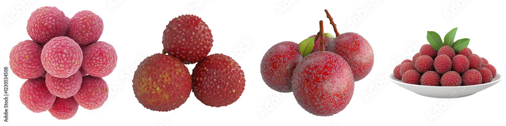Fresh lychee isolated on transparent background, PNG, set of