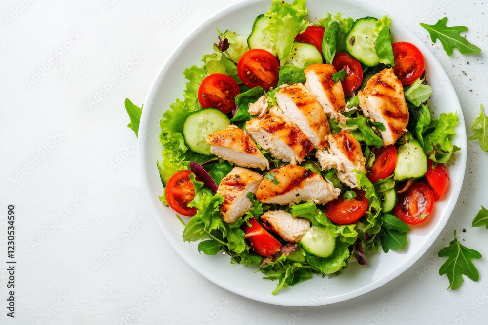 Appetizing summer salad with meat, tomatoes, spinach, cucumbers, basil and lettuce, healthy summer breakfast in a white plate on a white background, healthy food concept, top view, weight loss dishes Appetizing summer salad with meat, tomatoes, spinach, cucumbers, basil and lettuce, healthy summer breakfast in a white plate on a white background, healthy food concept, top view, weight loss dishes